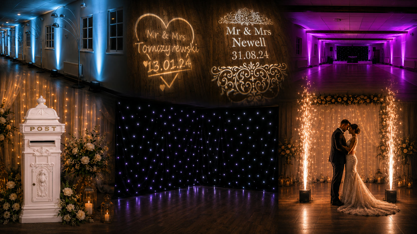 Event extras including venue uplighting, personalised gobo projections, a post box, twinkling backdrop and cold spark effects