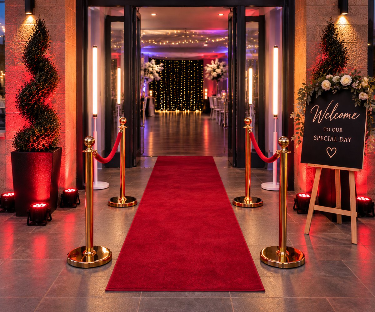 Red carpet entrance with gold rope barriers and venue uplighting