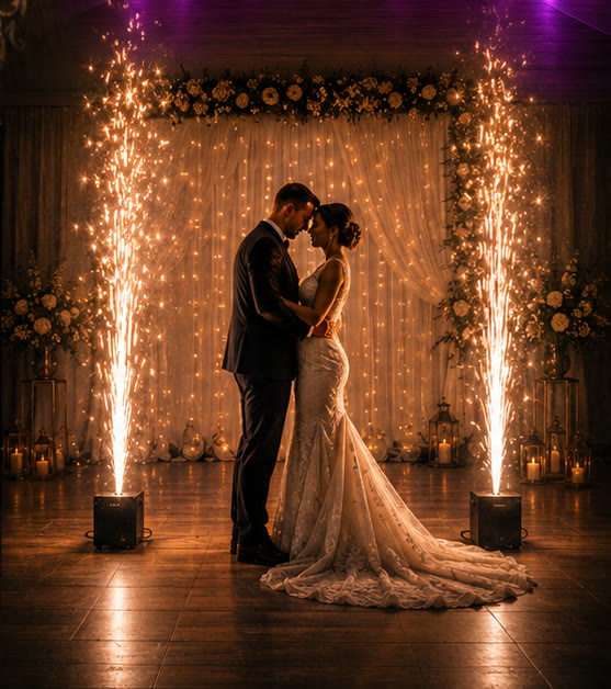 Cold spark effects framing a couple on the dance floor