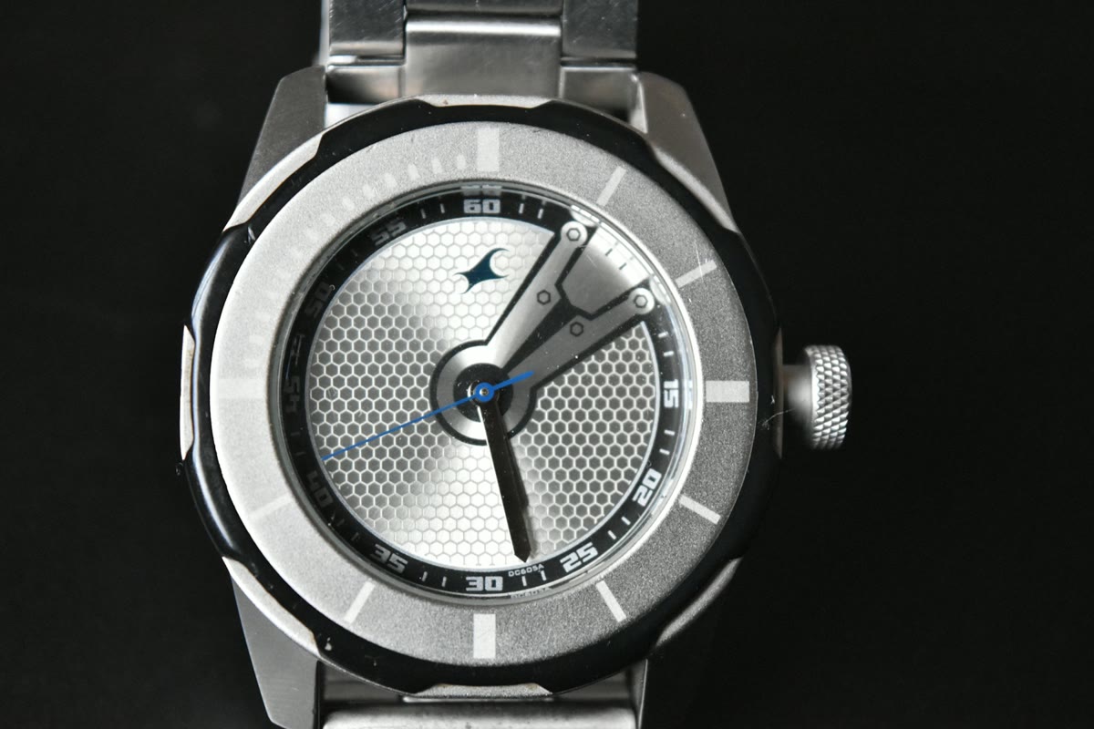 Close-up of a wristwatch showing the time