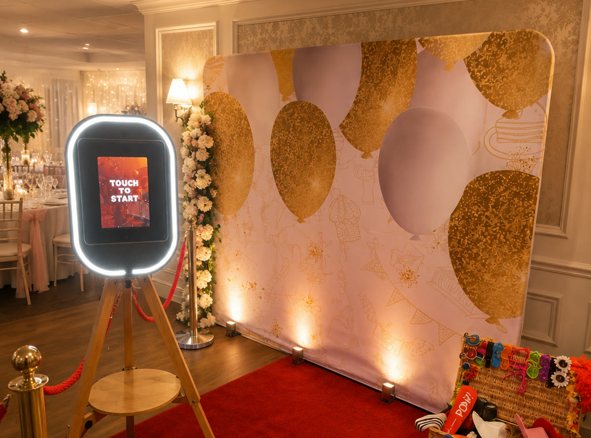 Rustic Selfie Pod set up with a balloon backdrop, red carpet and props