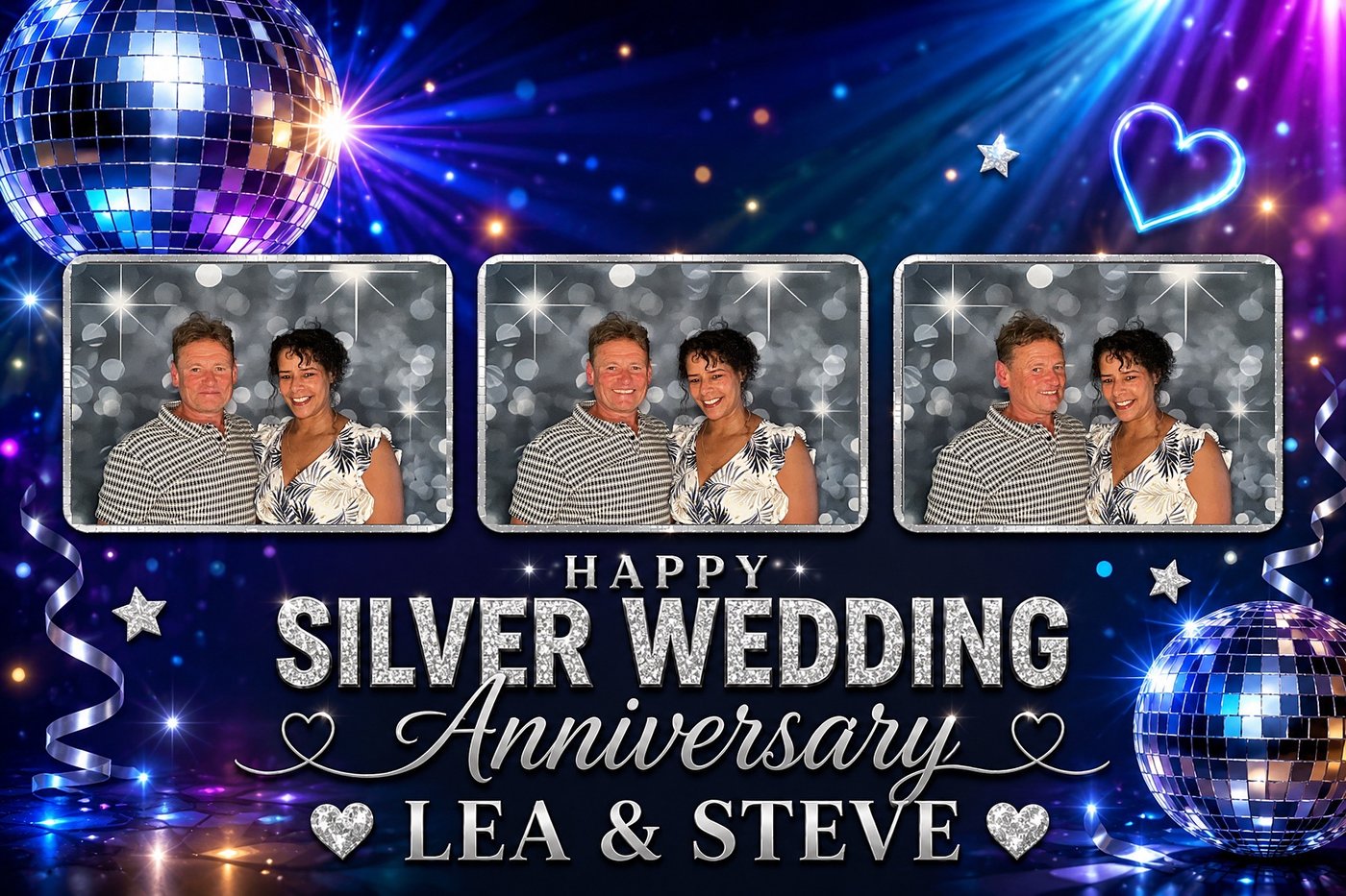 Disco-themed silver anniversary photo layout with three guest photos