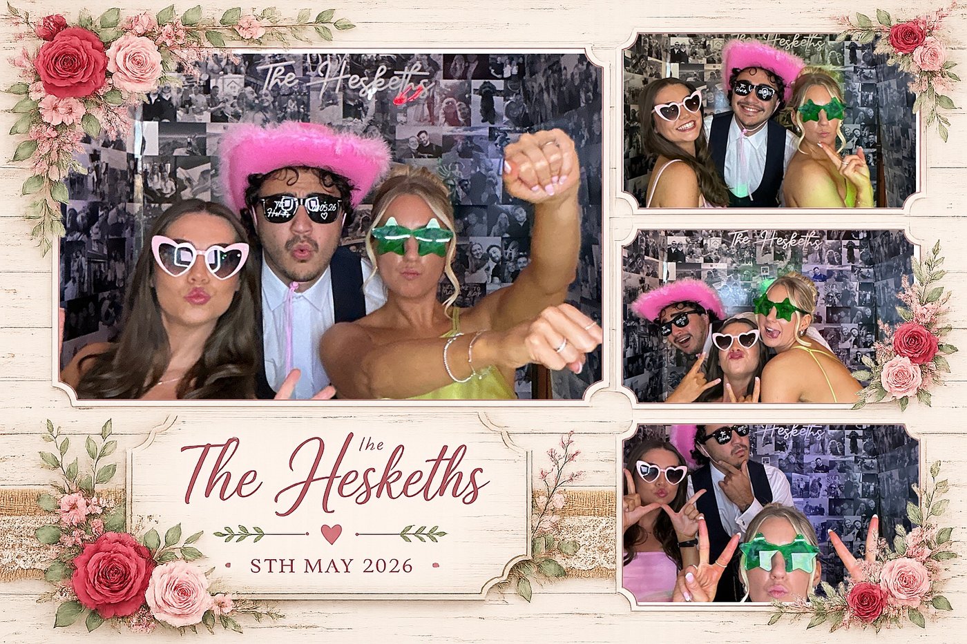 Floral wood-effect wedding photo layout with four guest photos