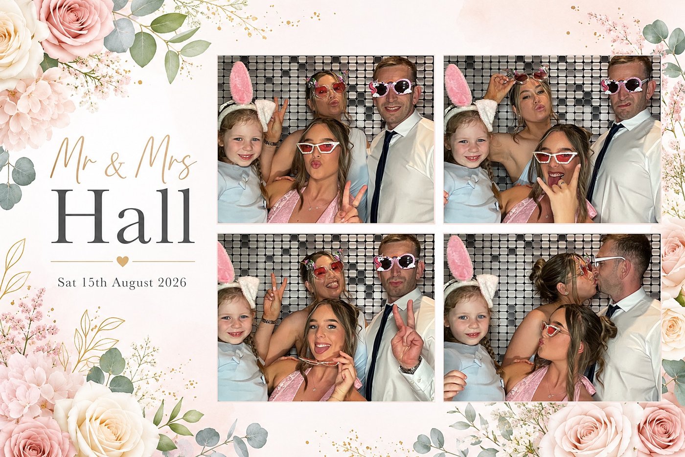 Light floral wedding photo layout with four guest photos