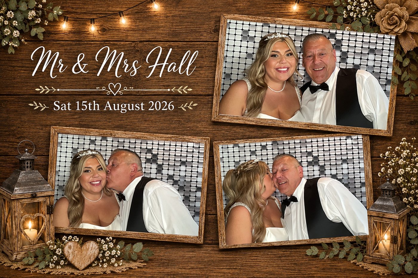 Rustic wood-effect wedding photo layout with three guest photos