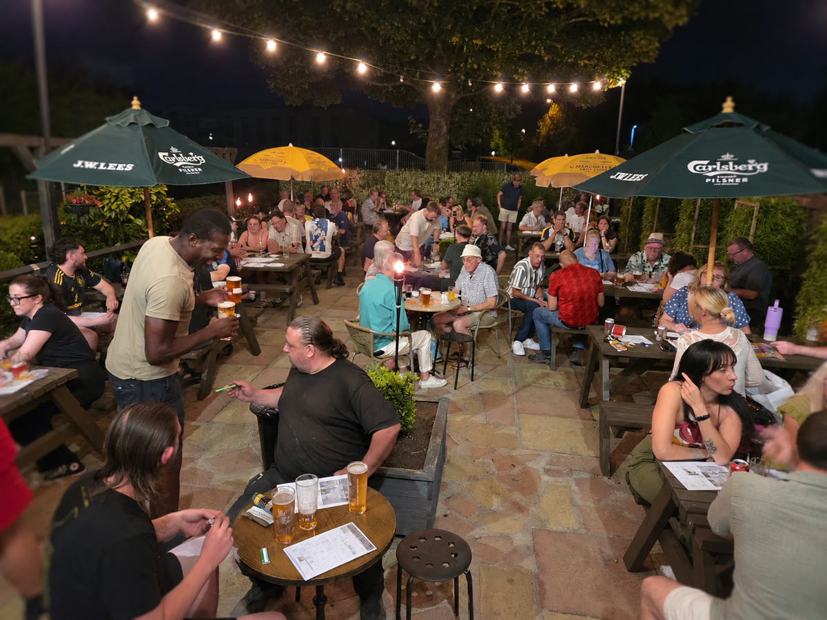 Crowd taking part in an outdoor pub quiz